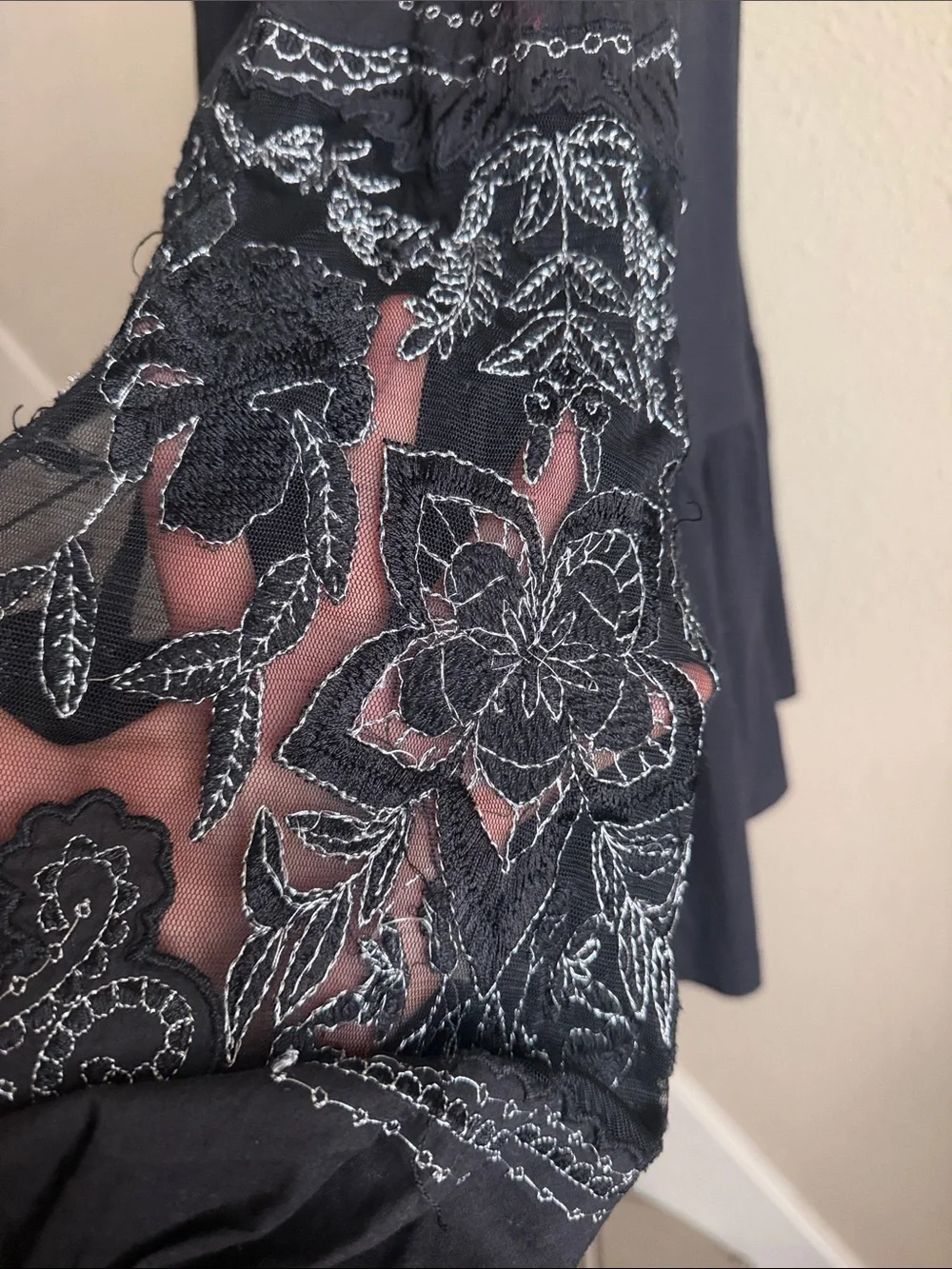 Free People Sz L Black Penny Peplum Long-Sleeve Top with Embroidered Sleeves